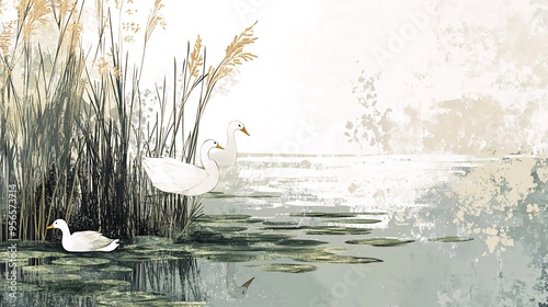 Fototapeta Naklejka Na Ścianę i Meble -  Two white swans stand in the water next to tall reeds while a third swan swims in the foreground. The water is a light blue color and the background is a light brown.