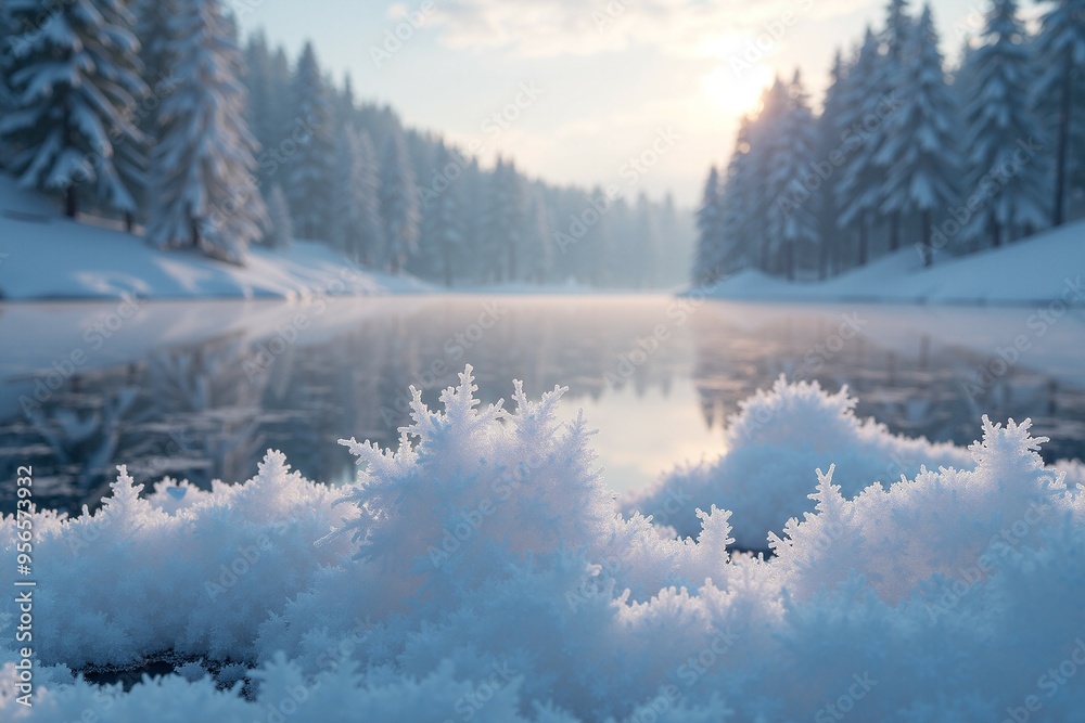 Fototapeta premium A serene lake scene surrounded by snow-covered pine trees, perfect for winter or nature-inspired designs
