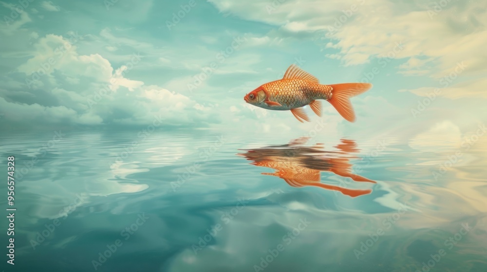 Obraz premium Surreal image of a fish swimming in the sky above a calm sea, creating a fantastical and imaginative scene.