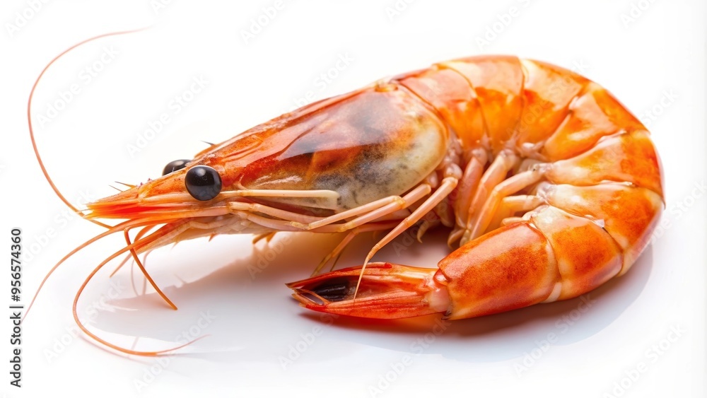 Close-up of a cooked shrimp on a clean white background, shrimp, seafood, delicious, appetizer, fresh, cooked, gourmet Close-up of a cooked shrimp on a clean white background, shrimp, seafood, delicious, appetizer, fresh, cooked, gourmet