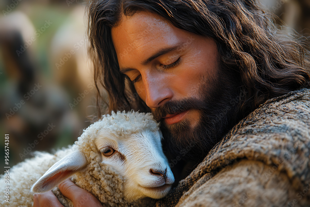 A serene depiction of Jesus Christ gently holding a lamb in his arms, symbolizing compassion, care, and spiritual guidance.
A serene depiction of Jesus Christ gently holding a lamb in his arms, symbolizing compassion, care, and spiritual guidance.