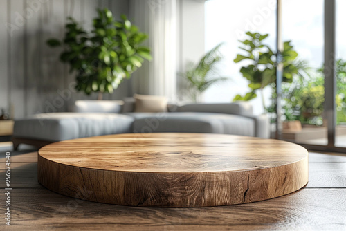 A wooden podium sits on a table in a spacious living room interior, creating a focal point for presentations or displays  photo