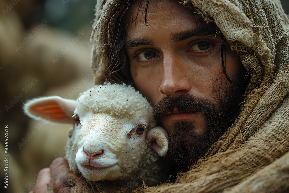 A serene depiction of Jesus Christ gently holding a lamb in his arms, symbolizing compassion, care, and spiritual guidance.
