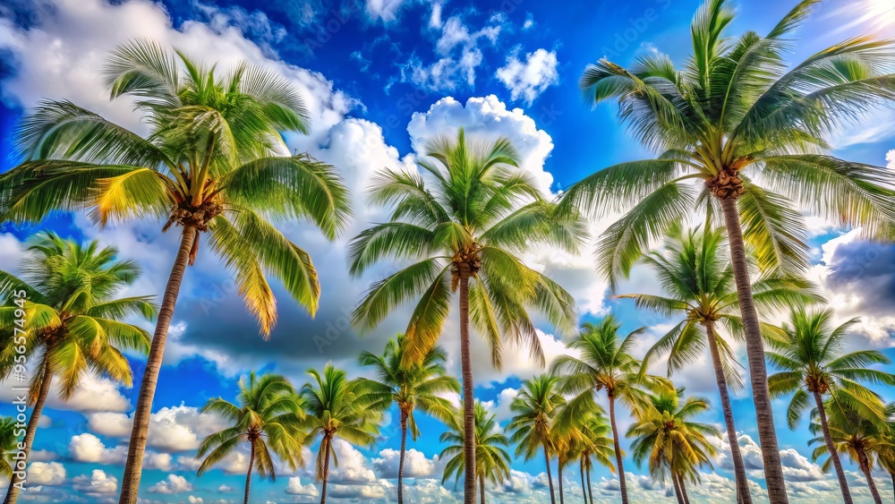 Vibrant palm trees sway gently against a brilliant blue sky filled with puffy white clouds, capturing the essence of warm Florida sunshine and tropical bliss. Vibrant palm trees sway gently against a brilliant blue sky filled with puffy white clouds, capturing the essence of warm Florida sunshine and tropical bliss.