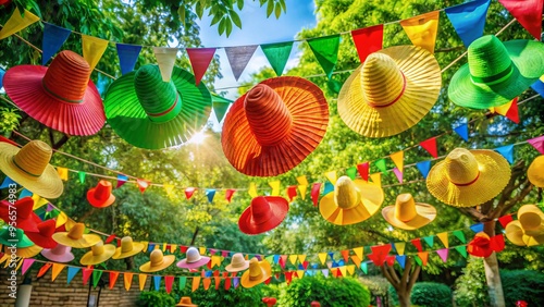 Vibrant paper banners in red, green, and yellow hang from a festive outdoor celebration, surrounded by lush greenery and colorful sombreros, perfect for Cinco de Mayo festivities. photo