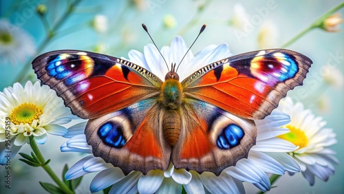 Vibrant peacock butterfly perches on a delicate flower petal, its iridescent blue wings and long slender body glowing against a soft, white isolated background. photo