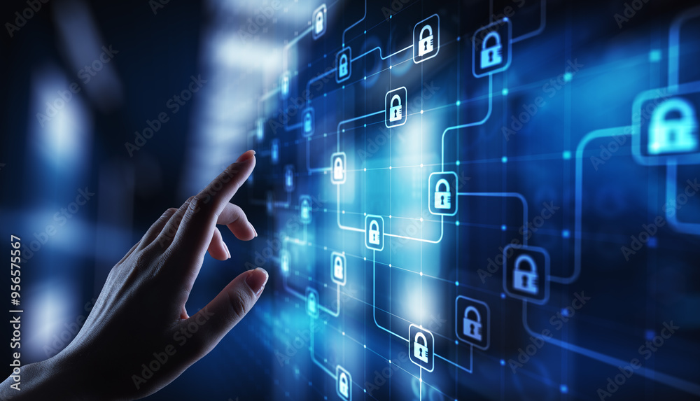 Naklejka premium Blockchain cryptography technology, fintech and internet concept on virtual screen.