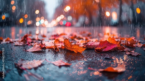 Worm's Eye View of Fallen Leaves on City Sidewalk Raindrops Glistening Soft Evening Light photo