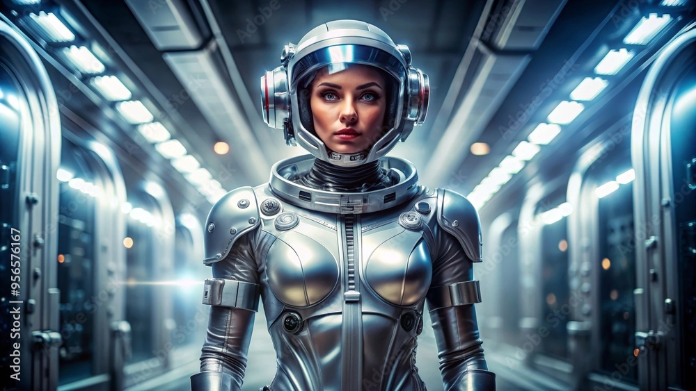 Futuristic robot girl in a sleek spacesuit standing against a shiny chrome stand, futuristic, robot Futuristic robot girl in a sleek spacesuit standing against a shiny chrome stand, futuristic, robot