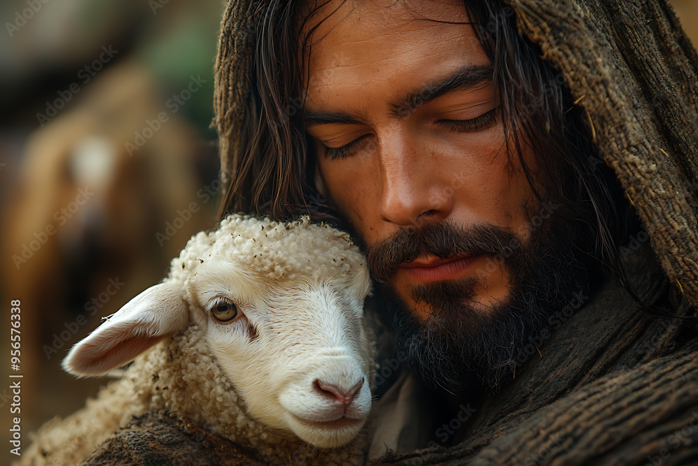 A serene depiction of Jesus Christ gently holding a lamb in his arms, symbolizing compassion, care, and spiritual guidance A serene depiction of Jesus Christ gently holding a lamb in his arms, symbolizing compassion, care, and spiritual guidance