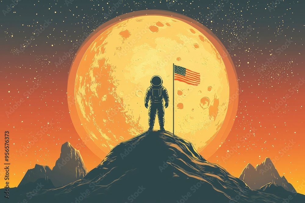 Astronaut on a Mountain Peak on the Moon with an American Flag Astronaut on a Mountain Peak on the Moon with an American Flag