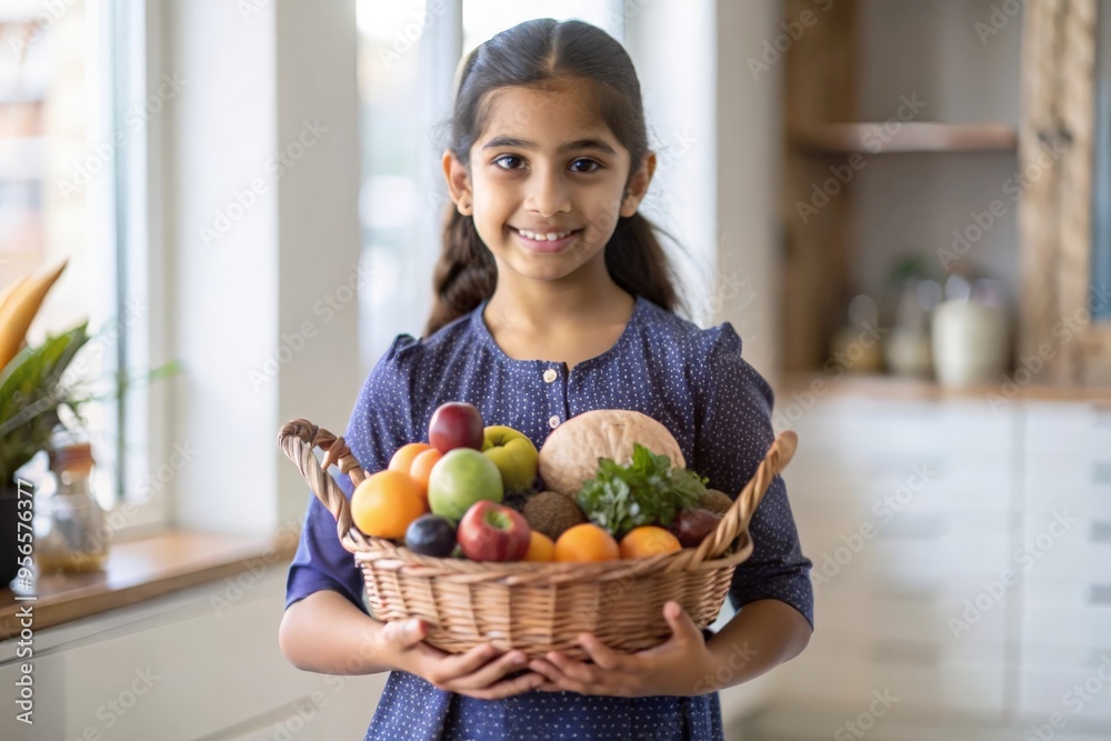 Obraz premium Indian Girl with a Basket of Fruits - An Indian girl holding a basket filled with fresh fruits, highlighting traditional market scenes. 