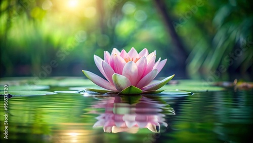 Zen lotus flower floating serenely in a tranquil pond , mindfulness, peace, calm, relaxation, harmony, meditation, tranquility