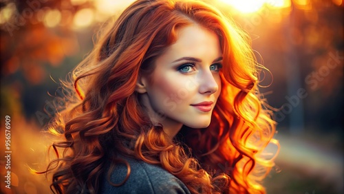 Vibrant red-haired young woman with a subtle smile looks away, showcasing her striking features and fiery locks in a warm, soft-lit profile portrait. photo