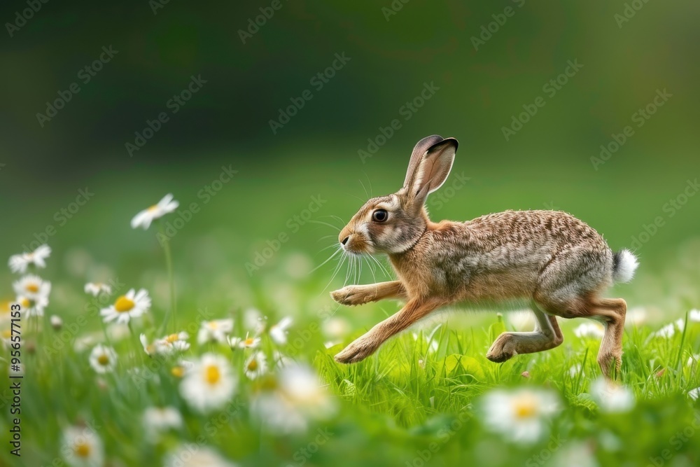 Fototapeta premium An elegant European hare running through a green meadow, flowers in full bloom around it.