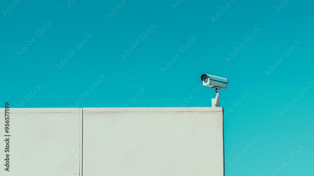 A security camera mounted on the wall with a blue sky background. A security camera mounted on the wall with a blue sky background.