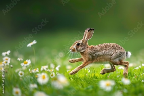 An elegant European hare running through a green meadow, flowers in full bloom around it.