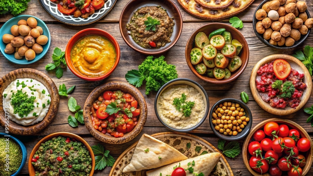 Lively Beirut street scene featuring a spread of Lebanese mezze dishes , Middle Eastern, Beirut, Lebanon, street Lively Beirut street scene featuring a spread of Lebanese mezze dishes , Middle Eastern, Beirut, Lebanon, street