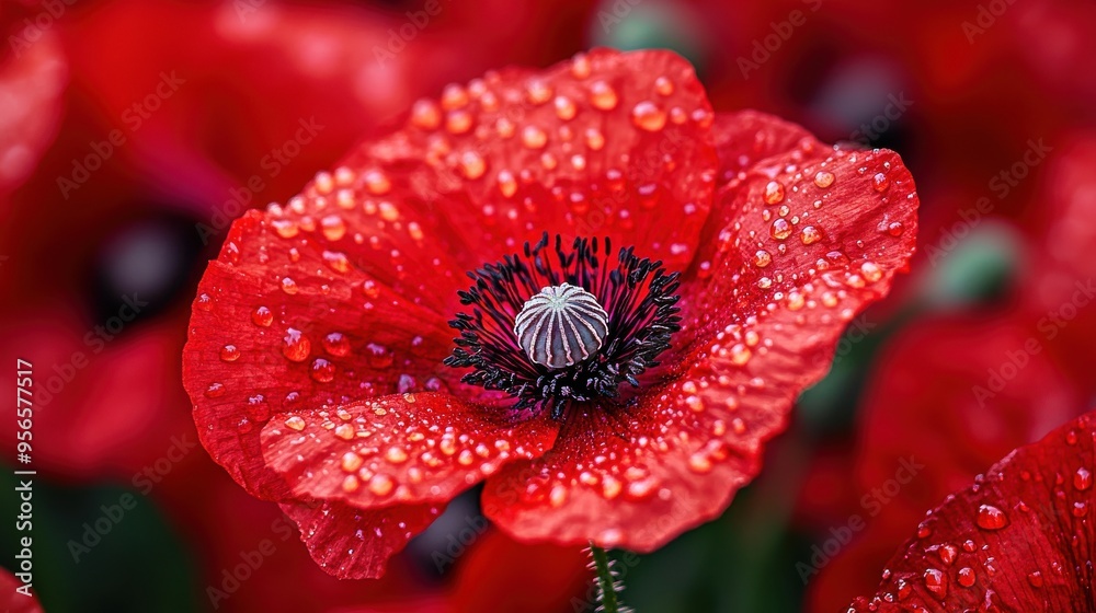 Close-up of red poppies with dew drops in garden, high-resolution springtime floral photo Close-up of red poppies with dew drops in garden, high-resolution springtime floral photo