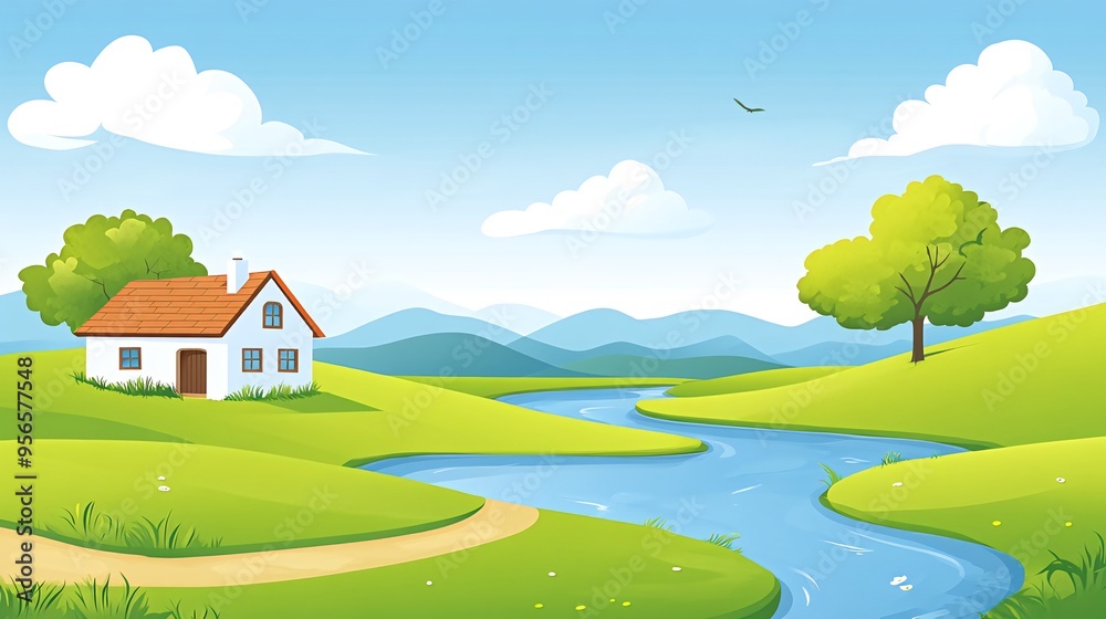 Fototapeta premium A charming countryside scene with a white house, a winding river, green hills, and a bright blue sky.