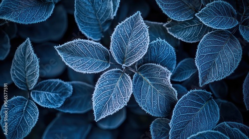 Close-Up of Frost-Covered Leaves Early Morning Soft Cold Light photo