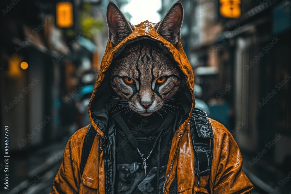 Surreal Urban Cat Portrait in Vibrant Hoodie Style Surreal Urban Cat Portrait in Vibrant Hoodie Style