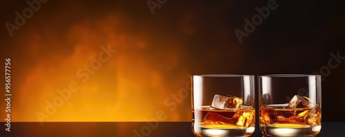 Elegant whiskey glasses on wooden table