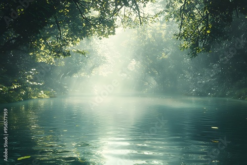 A serene landscape of a misty river surrounded by lush greenery.