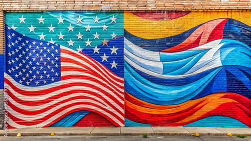 Vibrant street art mural depicting Russian and American flags intertwined, symbolizing cultural exchange and unity, on a colorful urban city wall background. photo