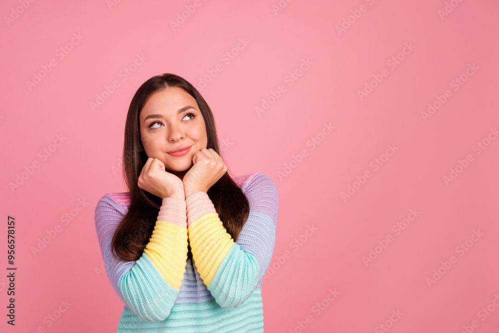 Closeup photo of amazing short hairdo lady looking up empty space deep thinking creative person arm on chin isolated pastel color background Closeup photo of amazing short hairdo lady looking up empty space deep thinking creative person arm on chin isolated pastel color background