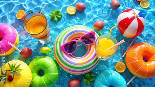 Vibrant summer party invitation on a bright pool float, surrounded by colorful beach balls, sunglasses, and refreshing cocktails, evoking fun and relaxation. photo