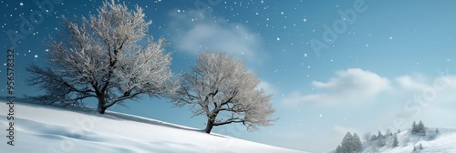 A serene winter landscape featuring two lone trees dusted with snow, their branches stretching towards a sky filled with stars, evoking peace and tranquility.