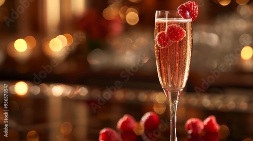 Classic Kir Royale in champagne flute, with a raspberry garnish, served in a sophisticated setting with elegant decor. 