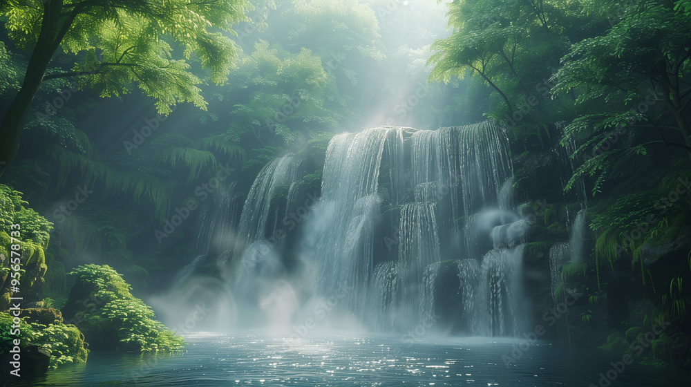 Waterfall among Green Trees in the Summer Forest Waterfall among Green Trees in the Summer Forest