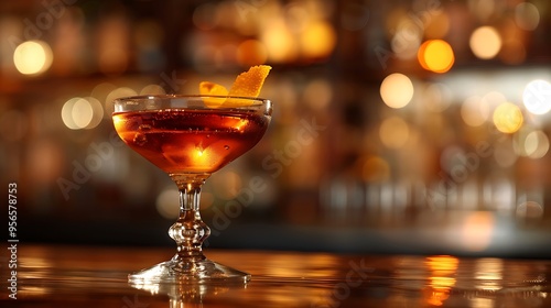 Classic Manhattan cocktail in coupe glass with an elegant garnish, served in a dimly lit, upscale bar. 