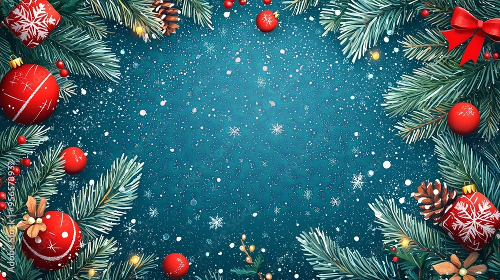 A picturesque snowy Christmas border highlighting red ball ornaments, fir branches, fir cones, snowflakes, and berries. Captures the essence of winter and holiday magic. A picturesque snowy Christmas border highlighting red ball ornaments, fir branches, fir cones, snowflakes, and berries. Captures the essence of winter and holiday magic.
