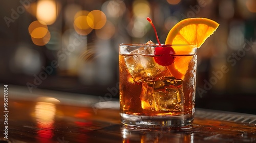 Classic Old Fashioned with orange and cherry, served in a lowball glass on a polished wooden bar counter. 