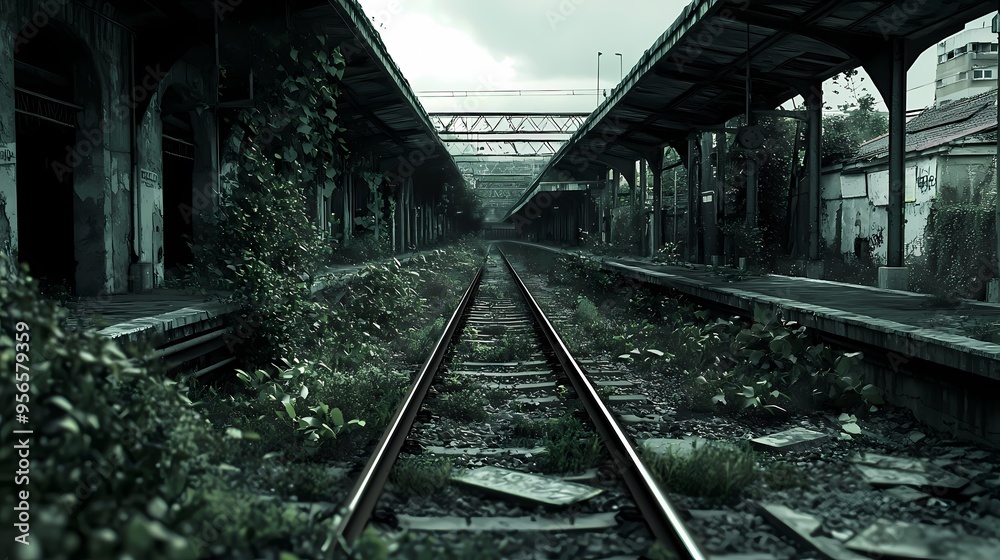 Deserted railway station with overgrown tracks and abandoned platforms. Deserted railway station with overgrown tracks and abandoned platforms.