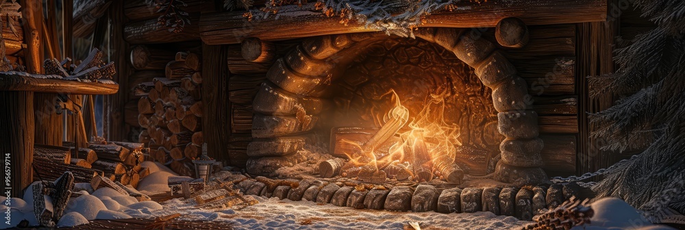 Naklejka premium Cozy fireplace with a warm and inviting glow