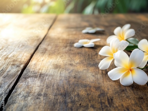 Wooden Table with White Frangipani Flowers Mockup Podium