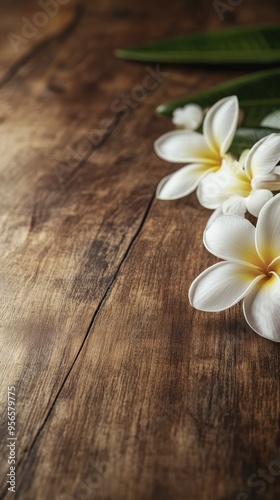 Wooden Table with White Frangipani Flowers Mockup Podium