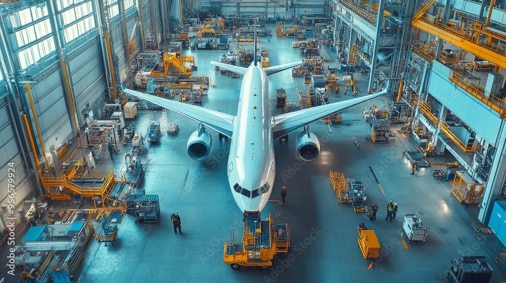 Large Aerospace Factory Interior with Partially Assembled Aircraft Surrounded by Workers and Equipment Large Aerospace Factory Interior with Partially Assembled Aircraft Surrounded by Workers and Equipment