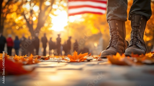 American flag and fallen soldiers at national ceremony, low-angle shot with autumn leaves photo