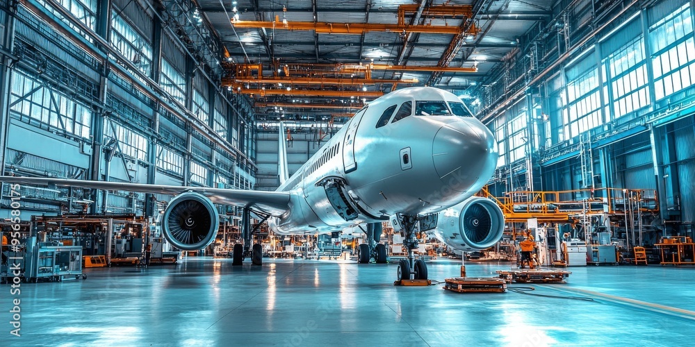 Large Aerospace Factory Interior with Partially Assembled Aircraft Surrounded by Workers and Equipment Large Aerospace Factory Interior with Partially Assembled Aircraft Surrounded by Workers and Equipment