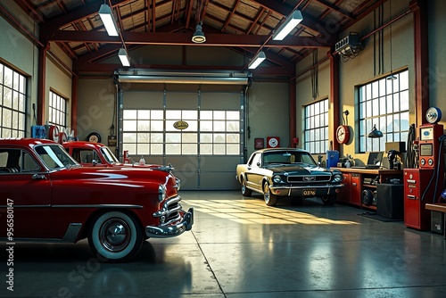 Two vintage cars parked in a garage