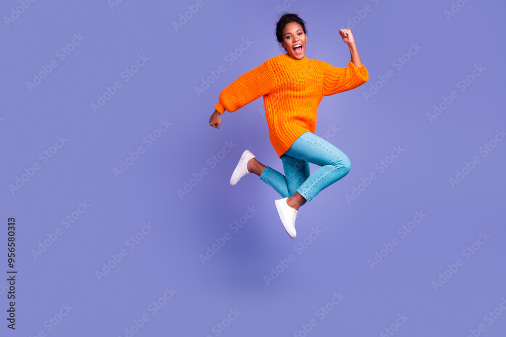 Full length body size view of nice attractive lovely glad cheerful wavy-haired girl jumping having fun rising hands up isolated on bright vivid shine vibrant color background Full length body size view of nice attractive lovely glad cheerful wavy-haired girl jumping having fun rising hands up isolated on bright vivid shine vibrant color background