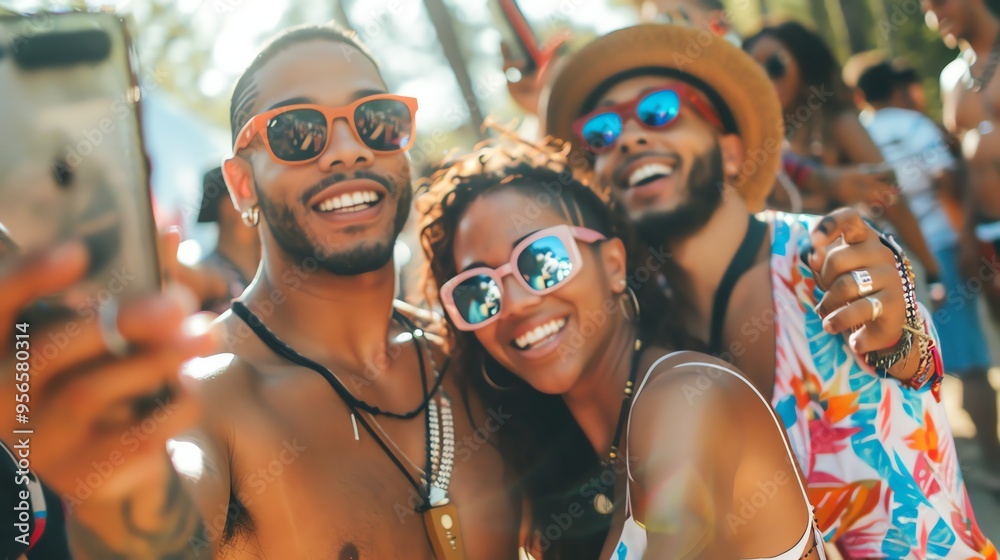 A group of friends smile for a selfie at a music festival. A group of friends smile for a selfie at a music festival.