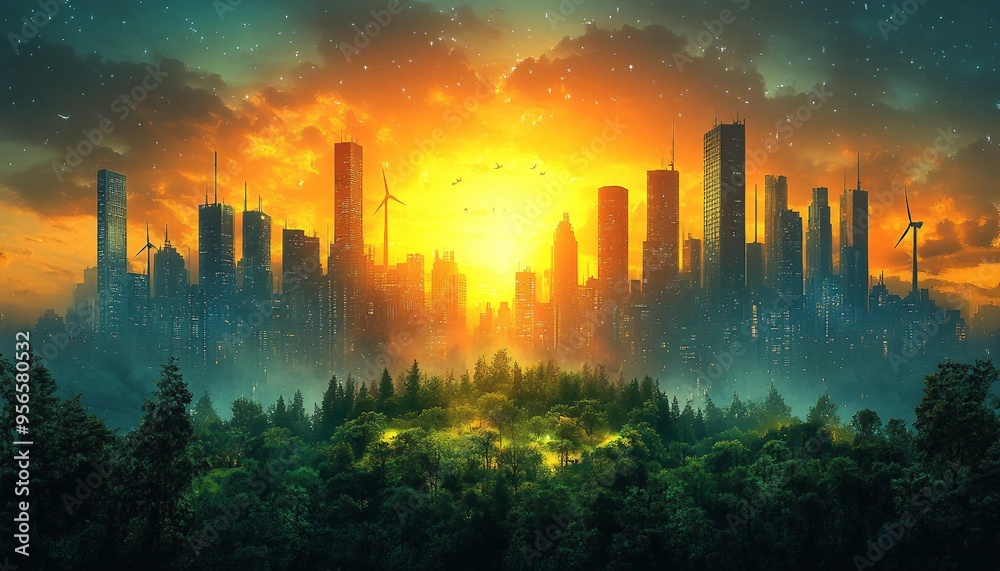 Fototapeta premium Green Horizons: Vision for a Sustainable Future, vibrant poster showcasing a thriving,