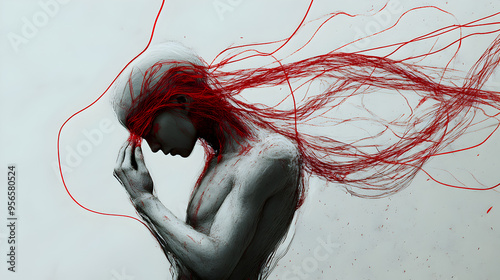 A person pulling a red thread from their head, unraveling their form as it trails behind them.


 photo