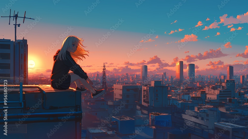 Fototapeta premium A young girl sits on a rooftop at sunset, gazing over a city skyline.
